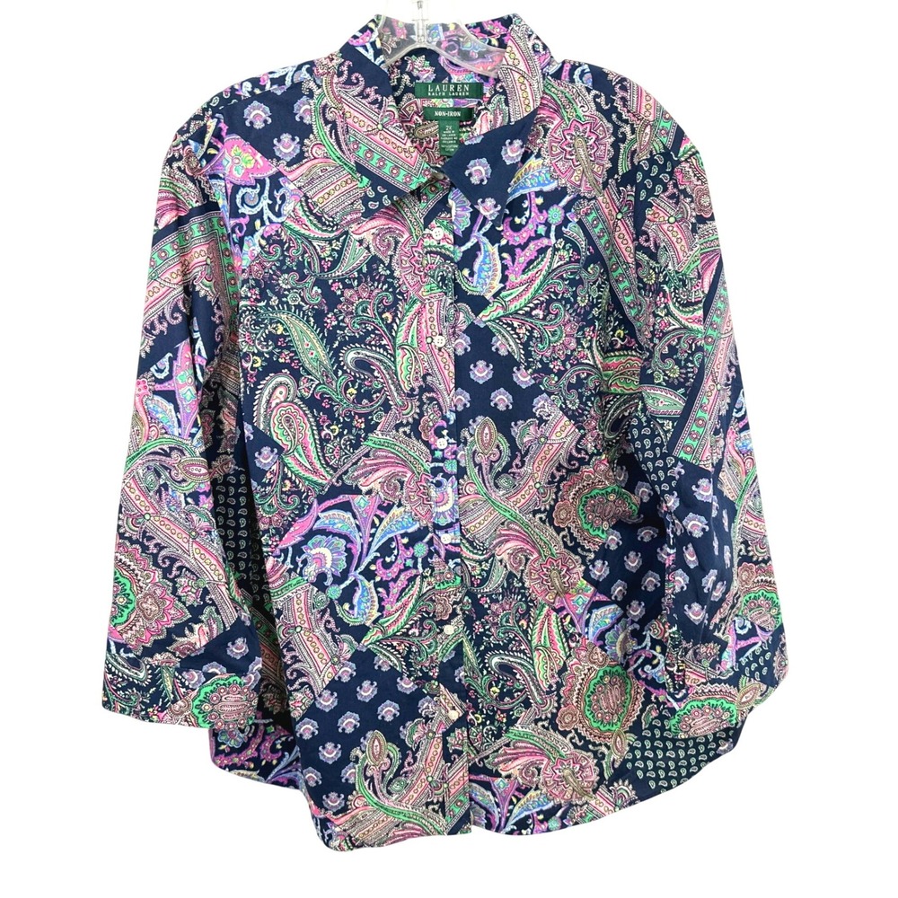 Lauren Ralph Lauren Plus Size 2X Top Navy Paisley Patchwork Non-Iron Button 524